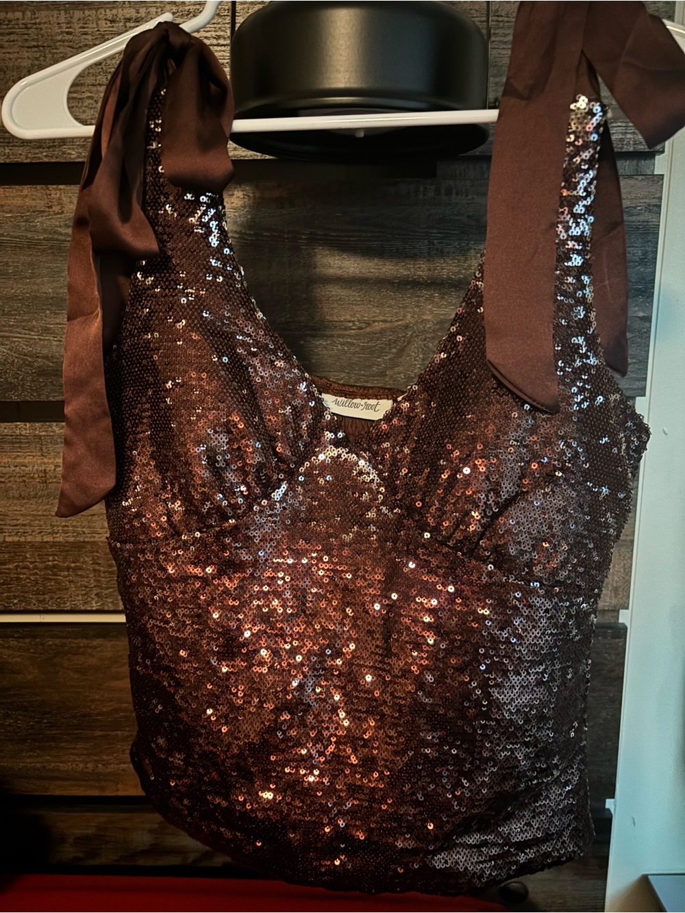 Sequin Brown Tie-Shoulder Top